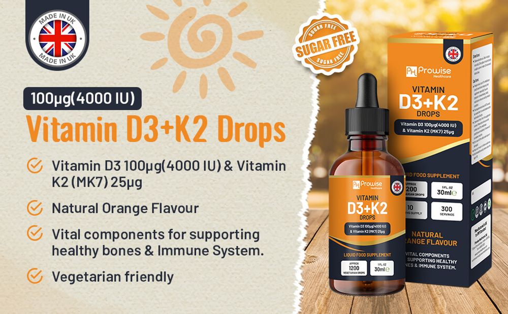 High Strength Vitamin D3 + K2 Orange Liquid Drops I Easy to Take I Bones, Immune System I 30ml