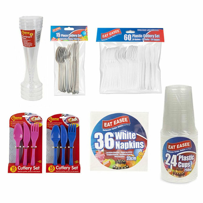 Disposable Plastic Knife/Fork/Spoon, White Napkins, Champagne Flute Cutlery Sets