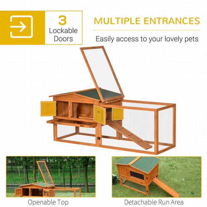 PawHut Rabbit Hutch with Run Wooden Guinea Pig Hutch Outdoor Bunny Cage Hide House with Sliding Tray, Hay Rack, Ramp, 156 x 58 x 68cm, Orange