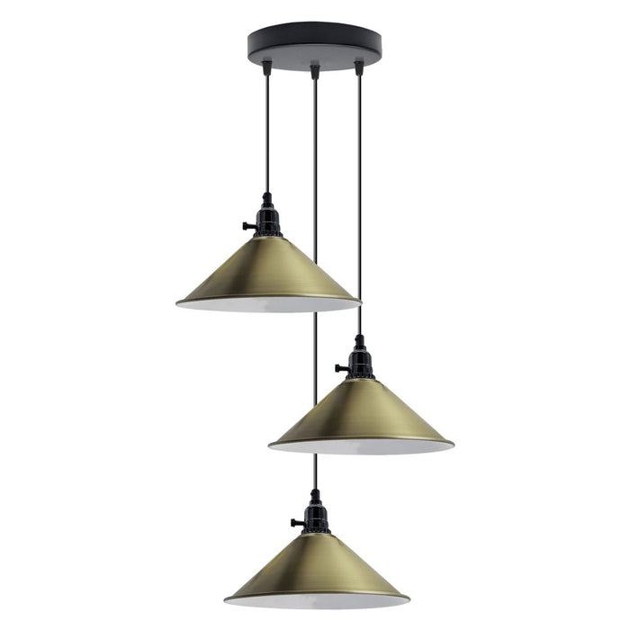 Industrial 3 Head Cluster Ceiling Pendant Adjustable Cord - E27 Base,Metal Light Fitting, Cone Shaped Light Shade