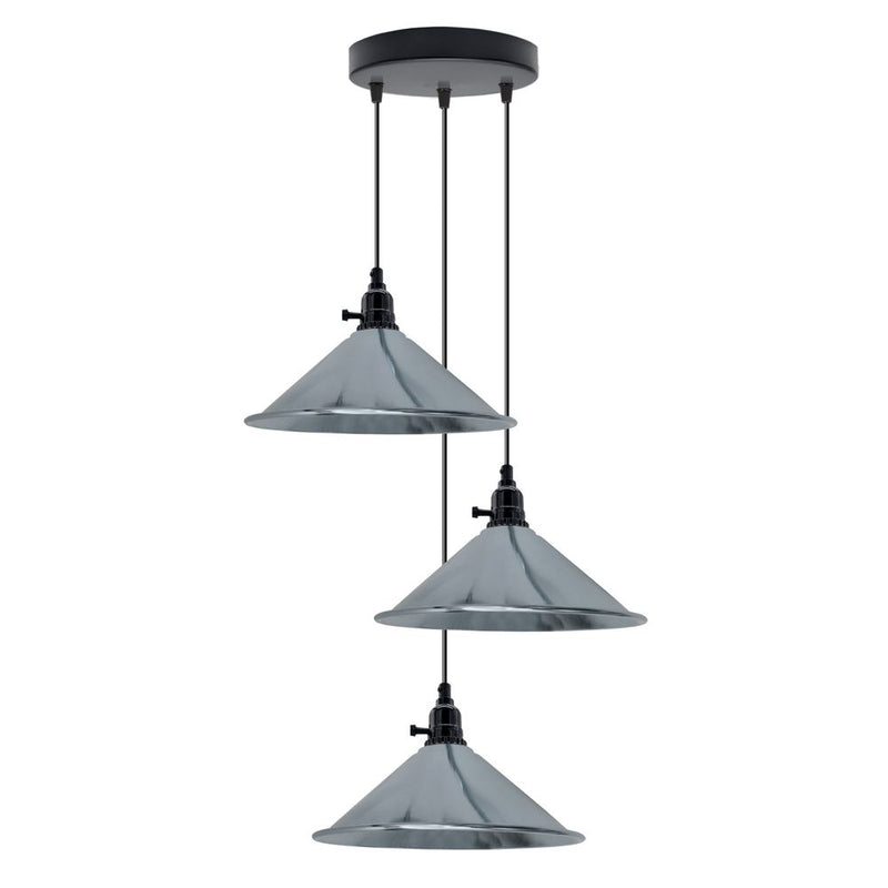 Industrial 3 Head Cluster Pendant Light - Adjustable Cord, E27 Base, Metal Fitting - Cone Shaped - Vintage Style