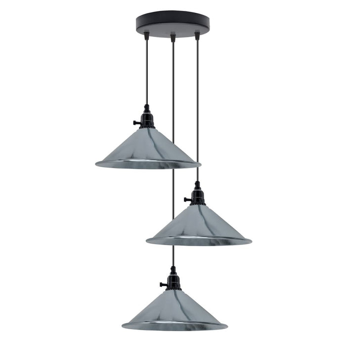 Industrial 3 Head Cluster Pendant Light - Adjustable Cord, E27 Base, Metal Fitting - Cone Shaped - Vintage Style