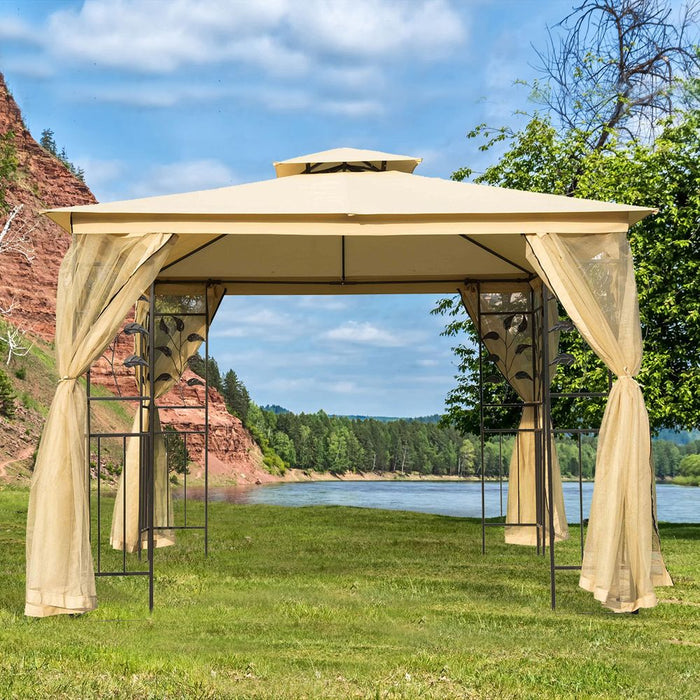 3x3m Double Top Gazebo-Beige. Ideal for parties, weddings, picnics & more. Sturdy, stylish design w/ mesh sidewalls. UV resistant & easy to assemble.