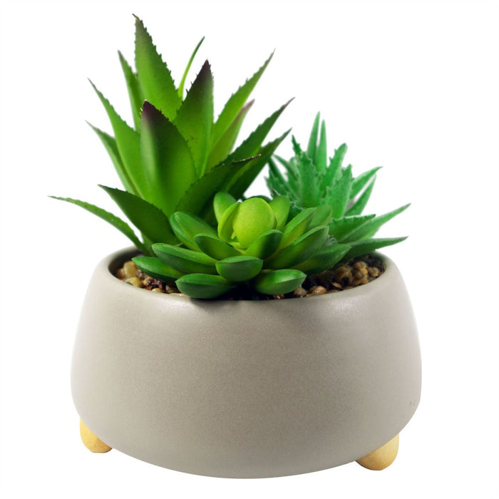 12cm Ceramic Grey Planter + 3 Artificial Succulents: High Quality, Modern Design