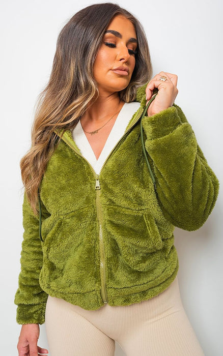 Luxe Faux Fur Zip Up Hooded Jacket - Stay Warm in Style!