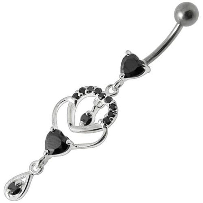 Fancy Jeweled Dangling Heart With Banana Bar Belly Ring Body Jewelry