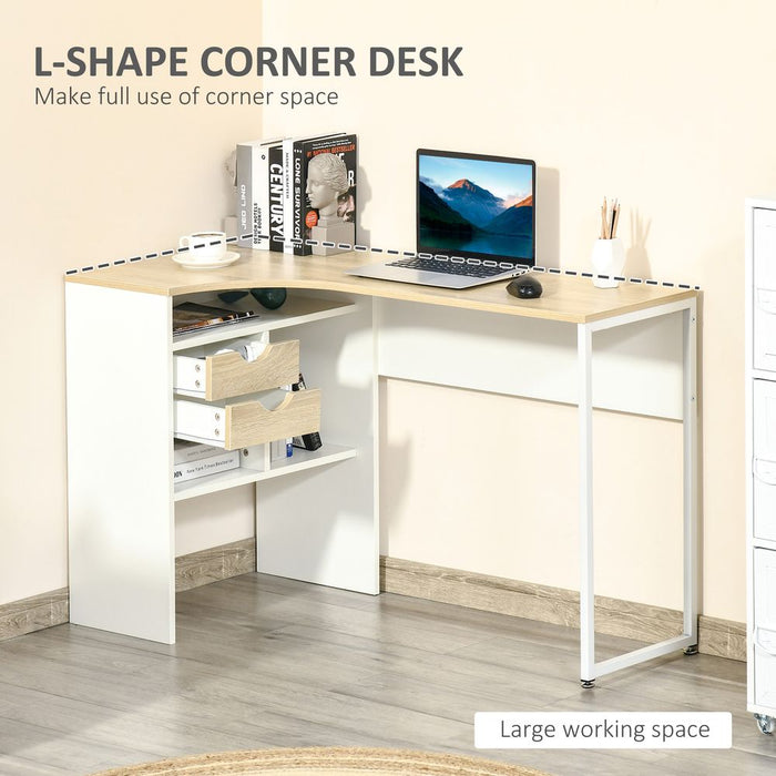 Premium Oak & White L-Shaped Corner Computer Desk - Storage Workstation - Buy with Confidence!