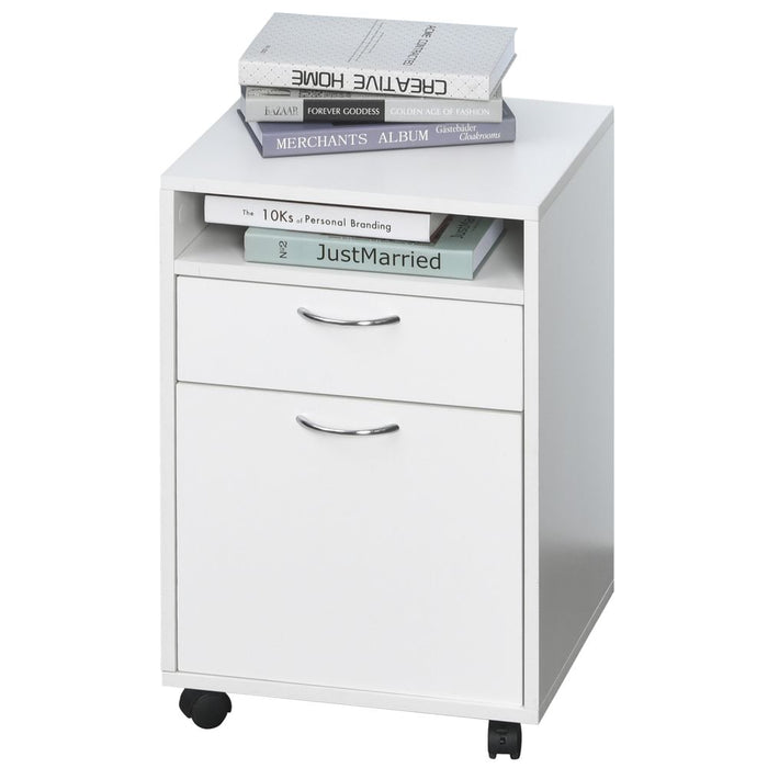 HOMCOM 60cm Storage Cabinet w/Drawer Open Shelf Metal Handles 4 Wheels Office Home Organiser Mobile Printer White