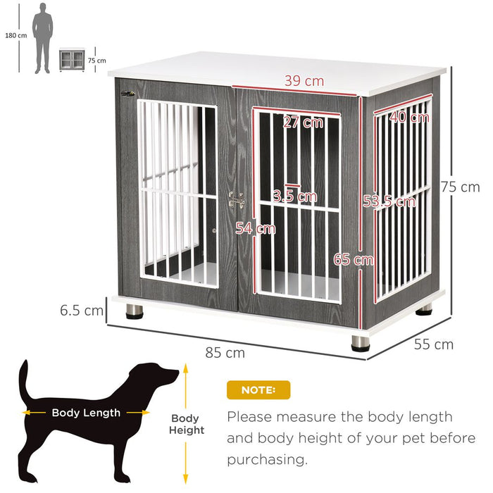 PawHut Dog Crate Wooden Pet Kennel Cage End Table w/Lockable Door for Small Medium Dog Grey & White 85 x 55 x 75 cm