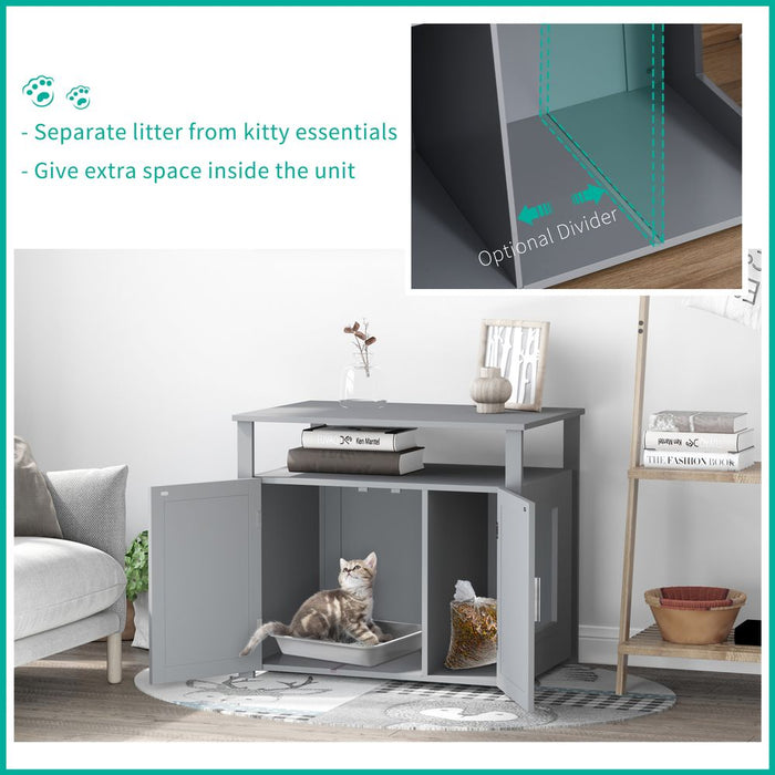 Premium Wood Cat Litter Box Enclosure Furniture - Adjustable Grey Pawhut - Top Quality