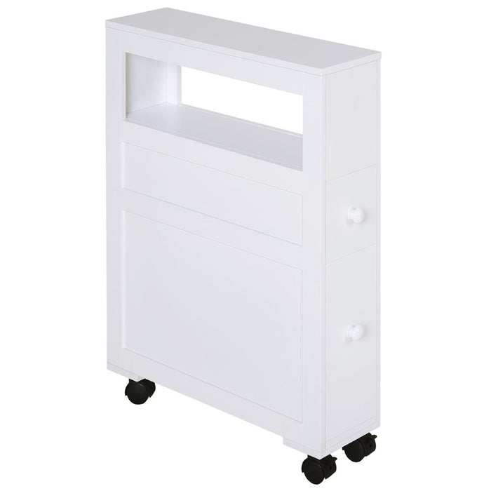 HOMCOM 72x16cm Narrow Bathroom Storage Unit w/ 2 Drawers Open Top 4 Wheels Slimline Modern Rolling Home Organisation