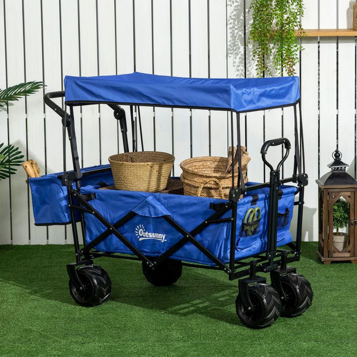 Trolley Cart Storage Wagon 4 Wheels w/ 2 Compartments Handle, Canopy, Blue