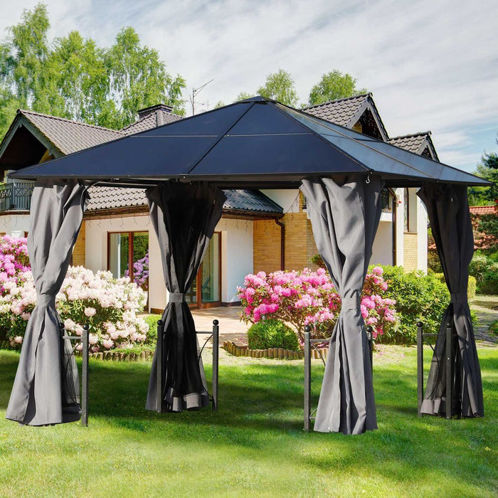 3m x 3m Outdoor Gazebo w/ Curtains - Aluminium Alloy & Dark Grey - High Quality