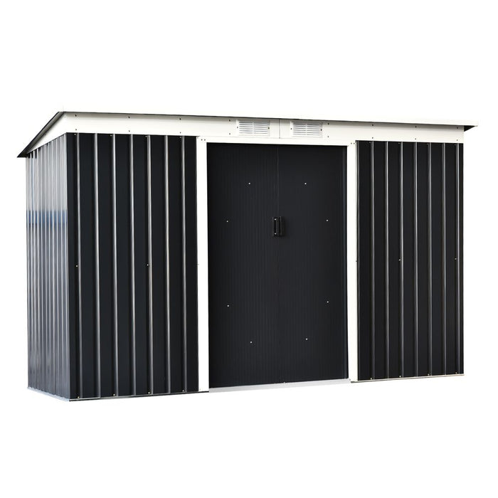 Outsunny 9ft x 4ft Metal Garden Shed, Outdoor Tool House with Foundation Kit, Ventilations and Double Doors, Dark Grey