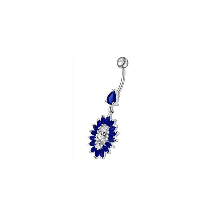 Jeweled Dangling Fancy  Glitter Flower SS Banana Bar Belly Ring Body Jewelry