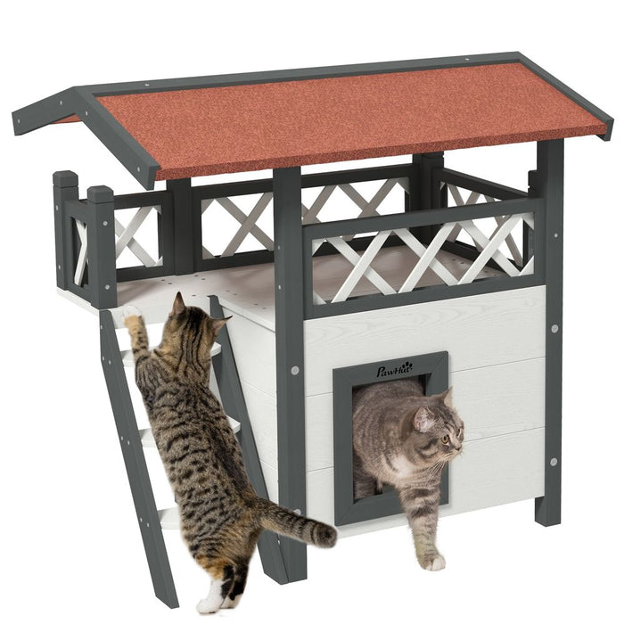 PawHut Outdoor Cat House w/ Stairs, Roof, & Balcony - Best Quality, White