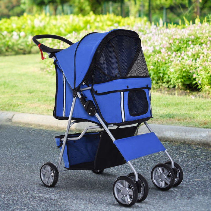 PawHut Pet Stroller for Small Dogs Cats Foldable Travel Carriage with Wheels Zipper Entry Cup Holder Storage Basket Blue