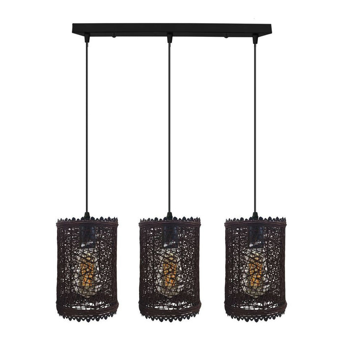 3 Head Rectangle Base Natural Wicker Rattan Ceiling Pendant Light Shade