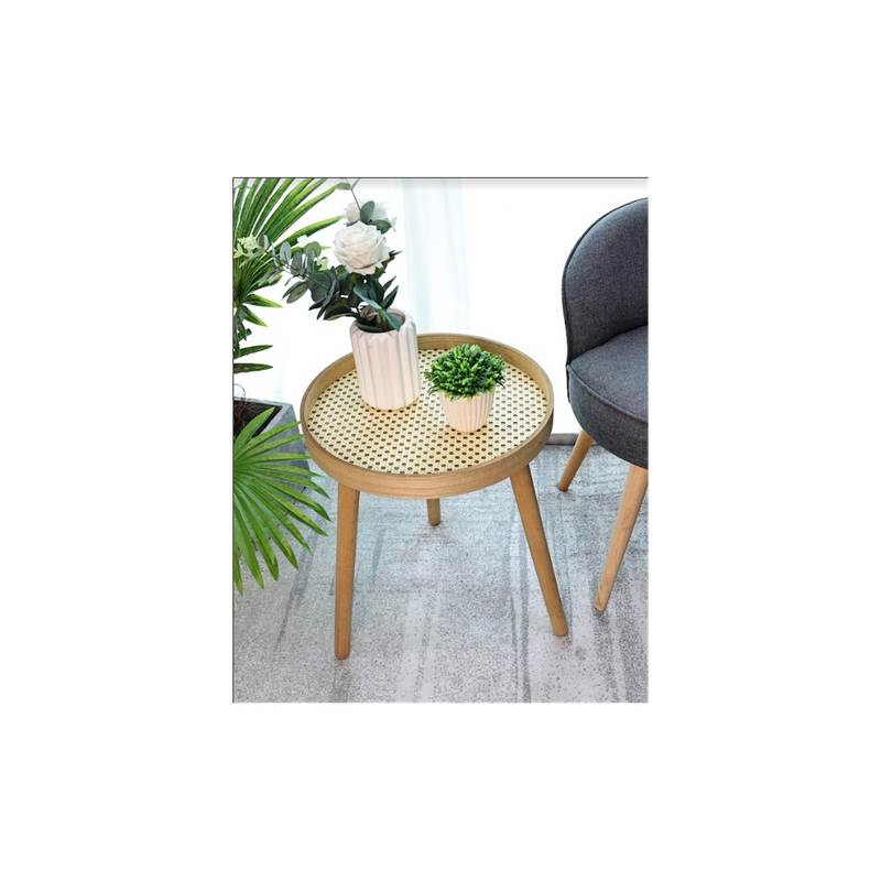 SHLEDECOR Cane Side Table With Rattan Circle Round Table - Solid Matte Oak Finish Legs - Sofa Table Stool End Table