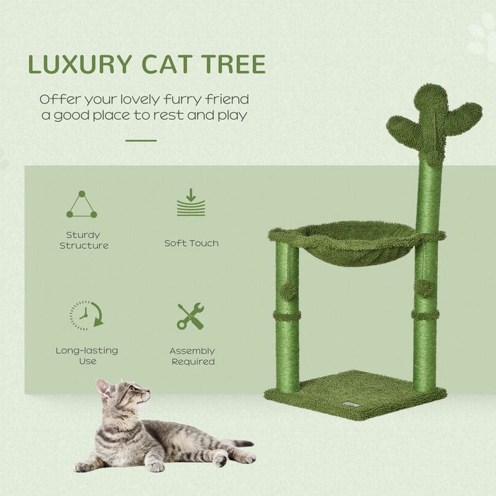 PawHut Cactus Cat Tree Tower for Indoor Cats Sisal Scratching Post with Hammock Bed Dangling Ball 40 x 40 x 96 cm