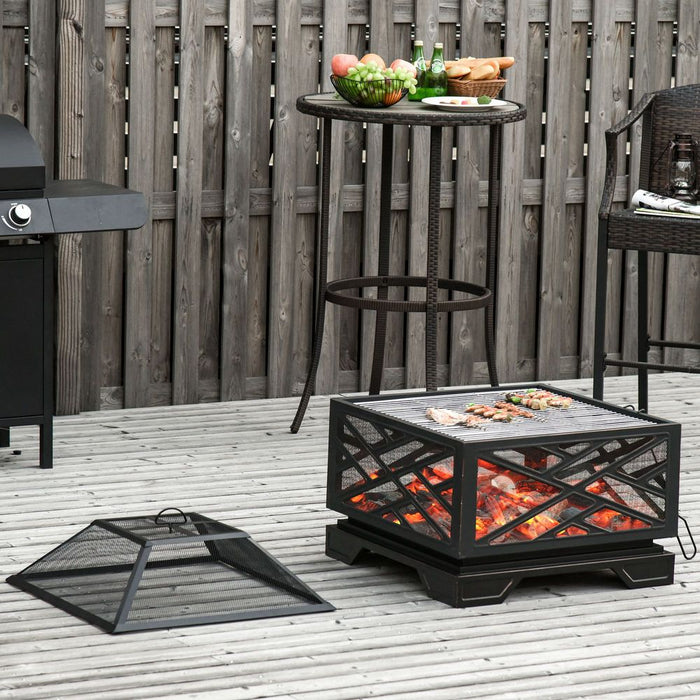 Premium 66cm Square Fire Pit BBQ - Metal Brazier, Screen Cover, Poker - Black