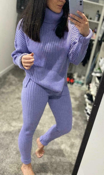 Ladies Chunky Knitted Ribbed Polo High Neck Top Leggings Loungewear Suit Set