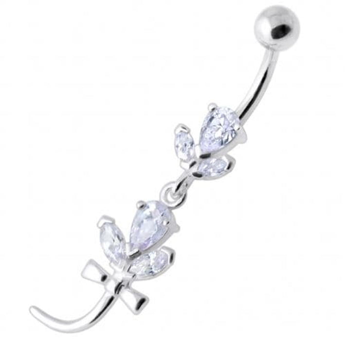 Tri Gems with tail Dangling Silver Belly Ring