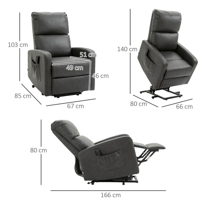 HOMCOM Riser and Recliner Chair for the Elderly, PU Leather Upholstered Lift Chair for Living Room with Remote Control, Side Pockets, Charcoal Grey