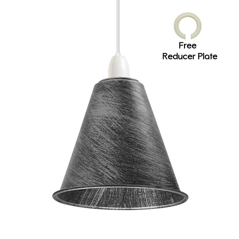 3 Pack Vintage Retro Industrial Metal Brushed Silver Cone Shape 18cm Shade Easy Fit