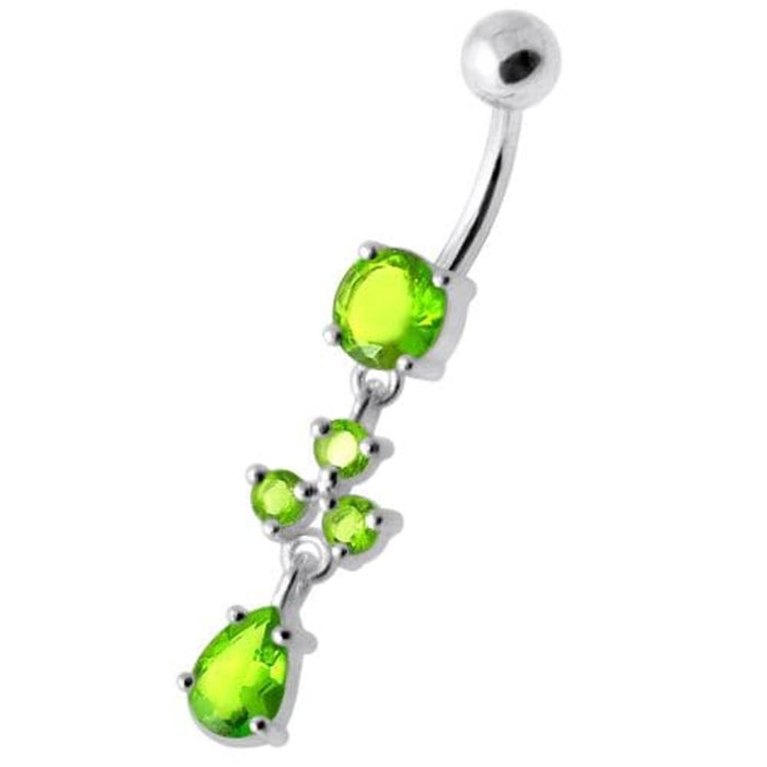 Tri Round Jeweled Dangling Silver Belly Bar