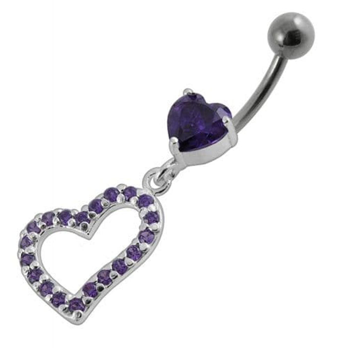 Jeweled Fancy Heart Loop Silver Dangling SS Banana Navel Ring