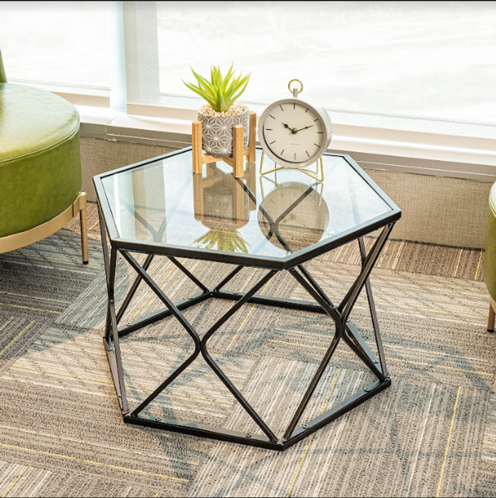 Premium Hexagon Black Coffee Side Table - Sleek Design, Tempered Glass Top