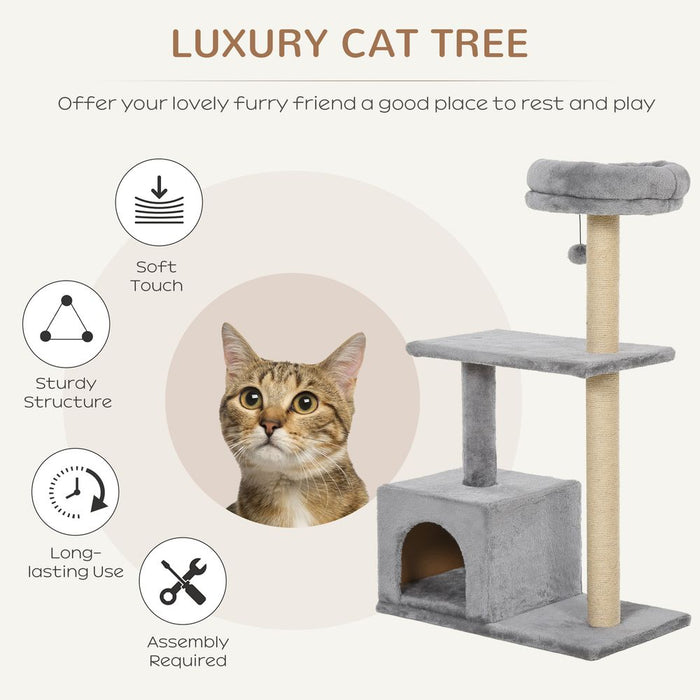 PawHut 96cm Cat Tree Condo Sisal Scratching Post Cat Tower Kitten Play House Dangling Ball Activity Center Furniture Grey