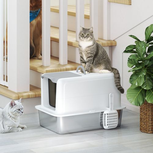 PawHut Stainless Steel Cat Litter Box with Removable Lid & Scoop, White