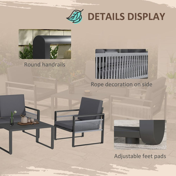 Outsunny Aluminium Garden Furniture Sets w/ Cushions, Slatted Top Table, Black