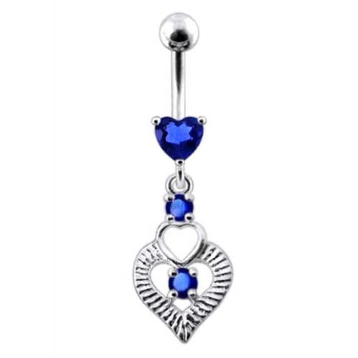 Silver Fancy Heart Jeweled Heart Dangling Banana Belly Ring