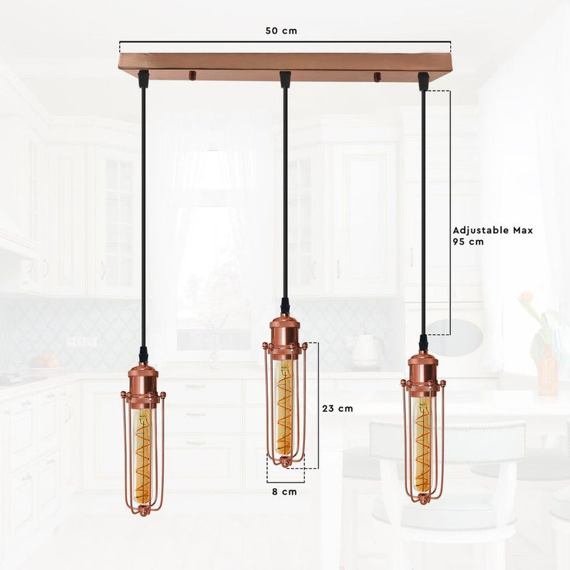 3 Head Rectangle Rose Gold Ceiling E27 Pendant Light with Wire Cage, Industrial Vintage Hanging Lamp Fixture