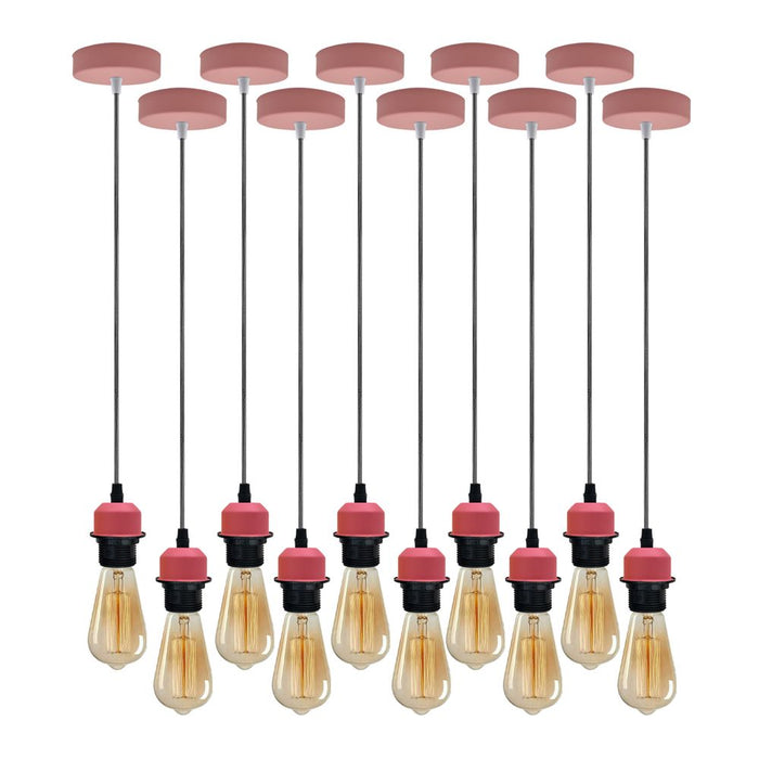 10 Pack Industrial Pink Pendant Light, Lampshade Addable E27 Lamp Holder Light, E27 UK Holder Set With PVC Cable