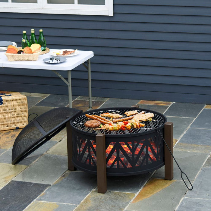 Premium 30" Outdoor Fire Pit Bowl with BBQ Grill Grate & Spark Screen Cover - High-Quality Steel Construction