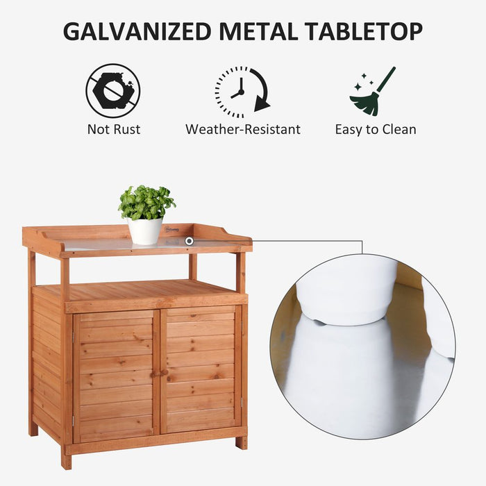 Versatile Outdoor Potting Bench Table w/ Storage Cabinet, Galvanized Top & Garden Shed, 98cm x 47cm x 105cm