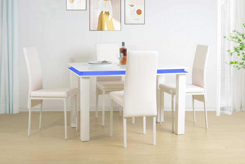 5 Piece Dining Table Set High Gloss WHITE with Blue LED Light - EFFULGENCE