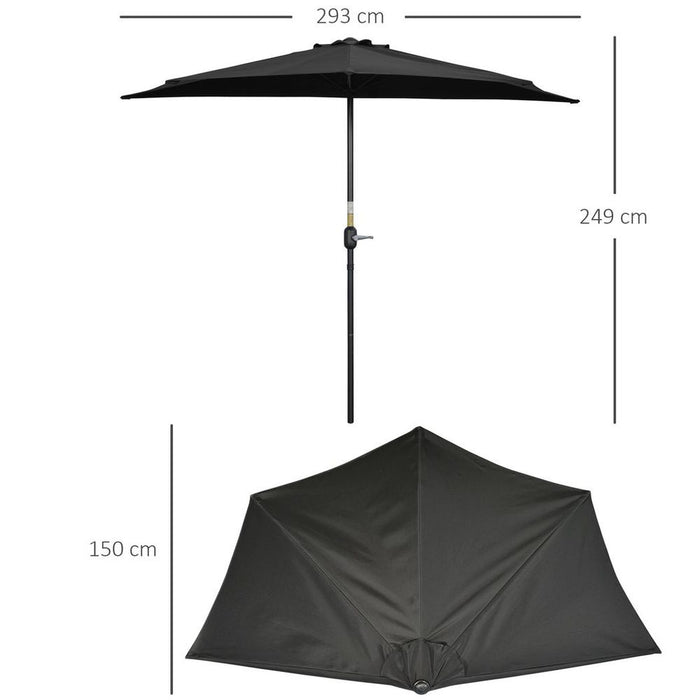 Outsunny 3m Half Round Garden Umbrella Metal w/ Crank - Black: Durable & Space-saving. Perfect for Small Gardens & Balconies!