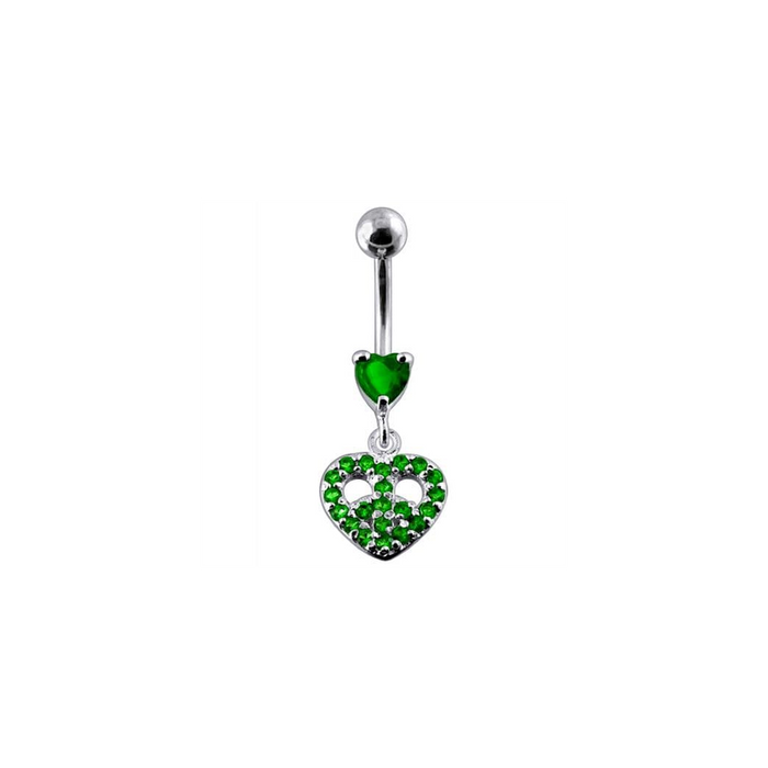 Jeweled Fancy Heart Shape Silver Dangling SS Bar Curved Belly Ring