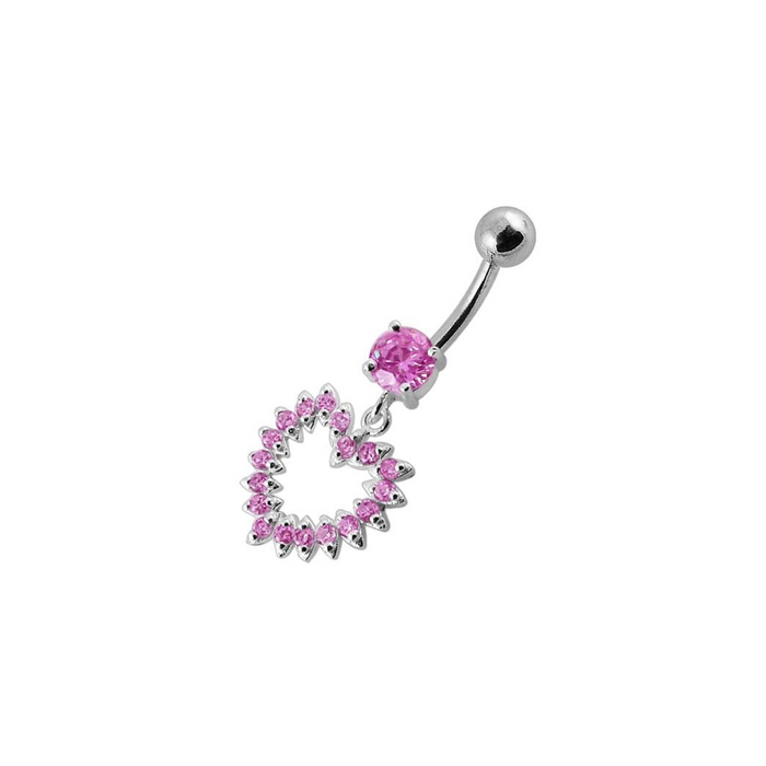 Jeweled Fancy Heart Silver Dangling Banana Bar Navel Belly Ring