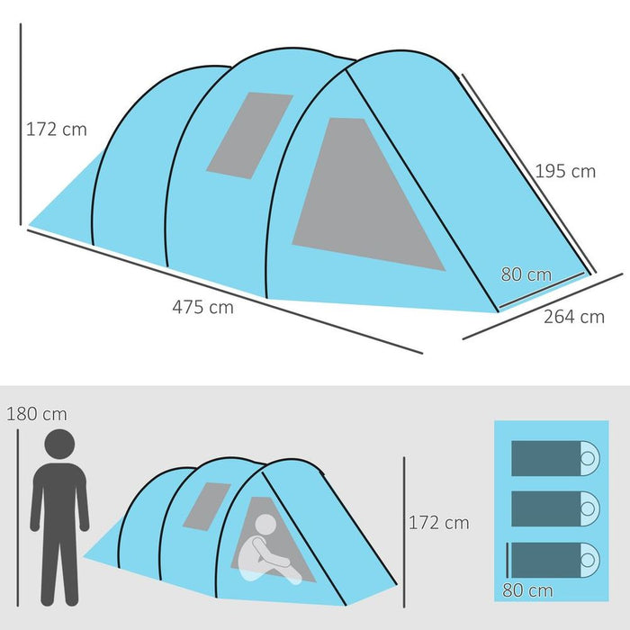 High-Quality 3-4 Person Camping Tent | Tunnel Design, Two Rooms, Windows, Blue