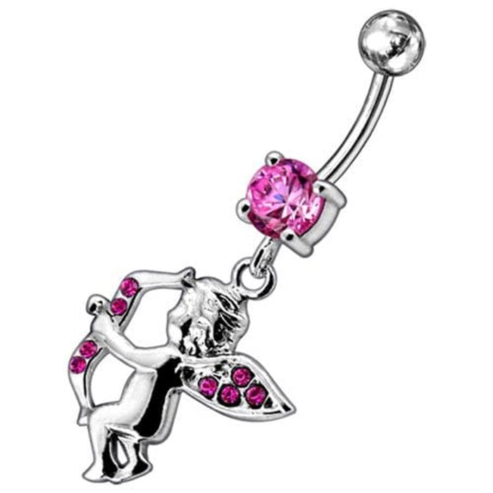 Jeweled Fancy  Angel Silver Dangling SS Bar Curved Belly Ring