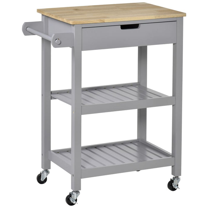 Kitchen Trolley Utility Cart on Wheels with Rubberwood Worktop Towel Rack