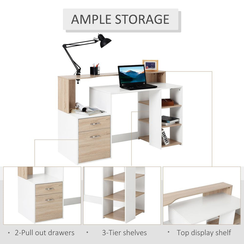HOMCOM Computer Desk PC Table Modern Home Office Writing Workstation Furniture Printer Shelf Rack w/Storage Drawer & Shelves (Oak and white)