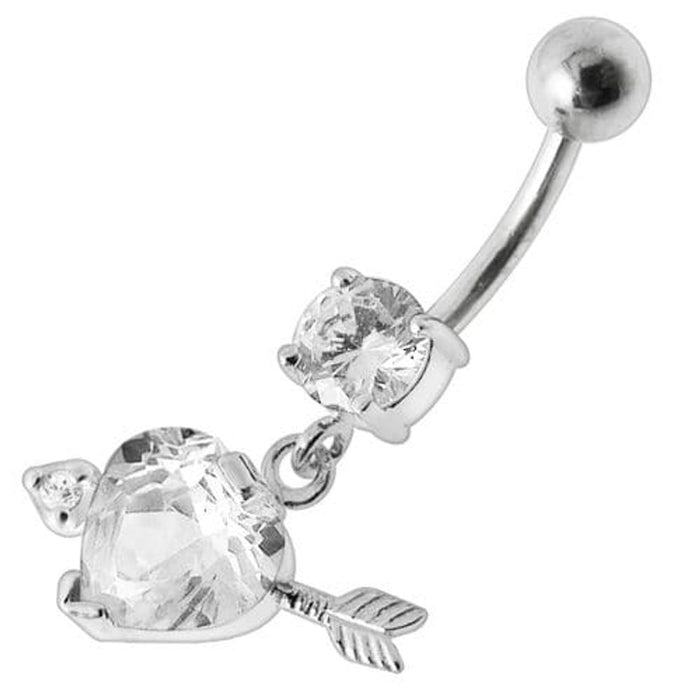 Fancy Jeweled Arrow Heart Dangling Banana Bar Belly Ring