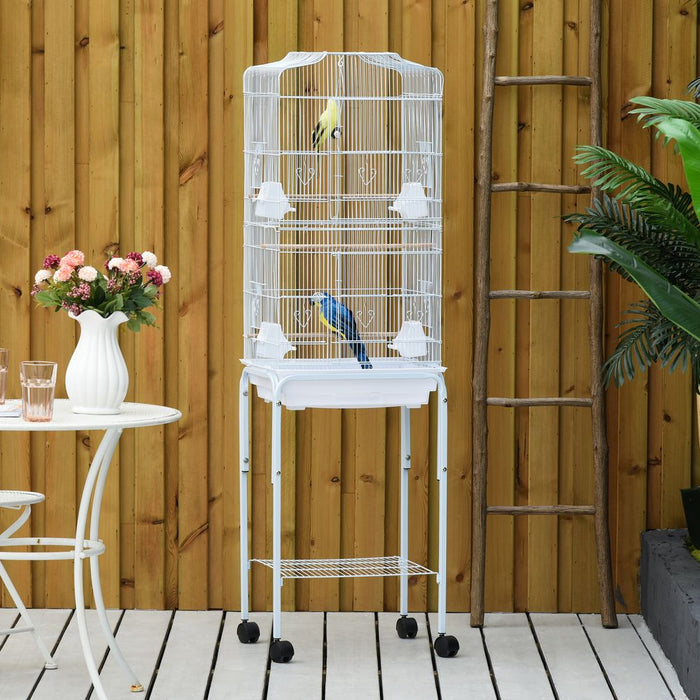 PawHut Bird Cage Budgie Cages for Finch Canary Parakeet with Stand Wheels Slide-out Tray Accessories Storage Shelf, White 46.5 x 36 x 157 cm